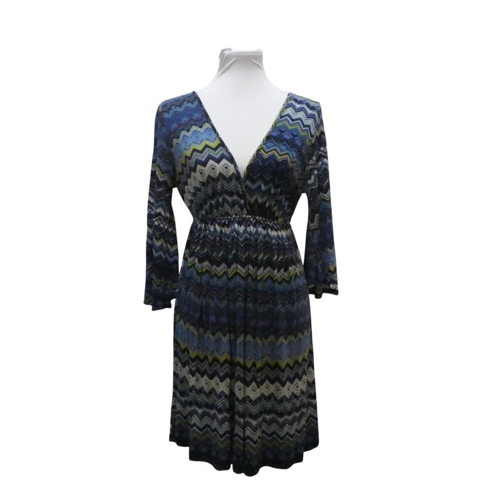 Romeo & Juliet Couture Chevron Dress Womens Large Blue Zig Zag Bell Sleeve